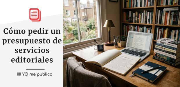 Escritorio de autor con manuscrito y ordenador, ilustración para servicios editoriales